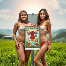 Two white-skinned women, a voluptuous 35-year-old Arab Muslim woman and a slender European woman with an hourglass figure and long hair, wearing stylish and skimpy two-piece bandeau and high-neck bikinis, posing together in a lush green field