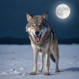 An angry, lone wolf baring its teeth, against the backdrop of a cold, desolate landscape under the moonlight.