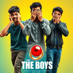 A humorous cinematic film poster titled 'The Boys', featuring close-up images of three 27-year-old Indian men, each with distinct personalities