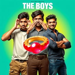 A humorous cinematic film poster titled 'The Boys', featuring close-up images of three 27-year-old Indian men, each with distinct personalities