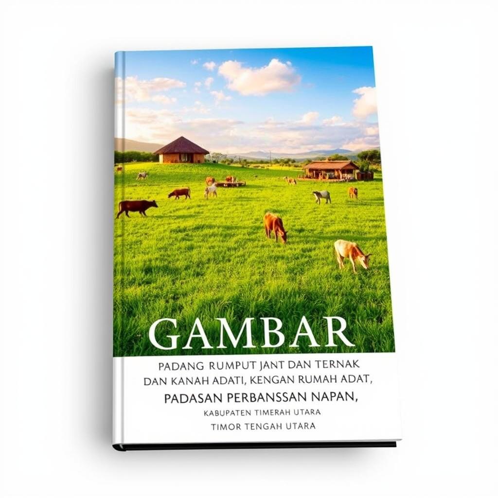 Book cover design featuring a vibrant and picturesque landscape of a grassy field with grazing livestock, complemented by traditional indigenous houses of the Napan region in North Central Timor