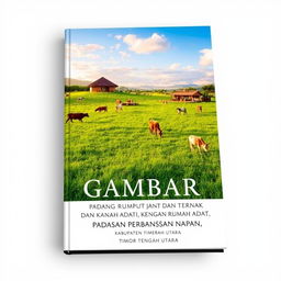 Book cover design featuring a vibrant and picturesque landscape of a grassy field with grazing livestock, complemented by traditional indigenous houses of the Napan region in North Central Timor