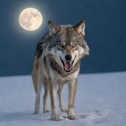 An angry, lone wolf baring its teeth, against the backdrop of a cold, desolate landscape under the moonlight.