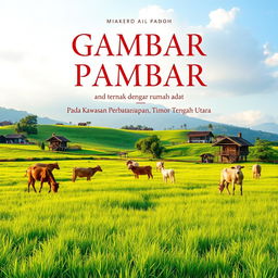 Book cover design featuring a vibrant and picturesque landscape of a grassy field with grazing livestock, complemented by traditional indigenous houses of the Napan region in North Central Timor