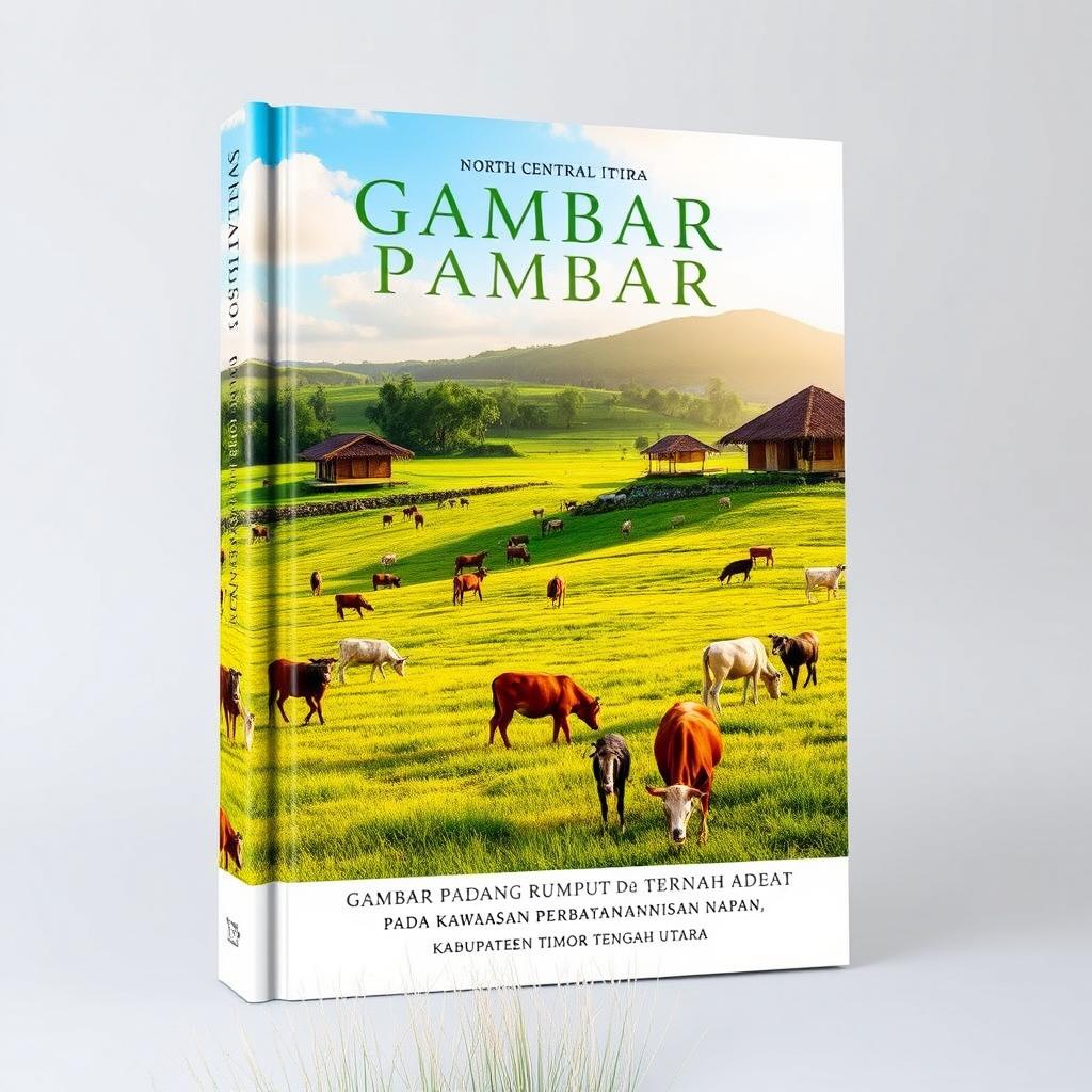 Book cover design featuring a vibrant and picturesque landscape of a grassy field with grazing livestock, complemented by traditional indigenous houses of the Napan region in North Central Timor