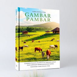 Book cover design featuring a vibrant and picturesque landscape of a grassy field with grazing livestock, complemented by traditional indigenous houses of the Napan region in North Central Timor