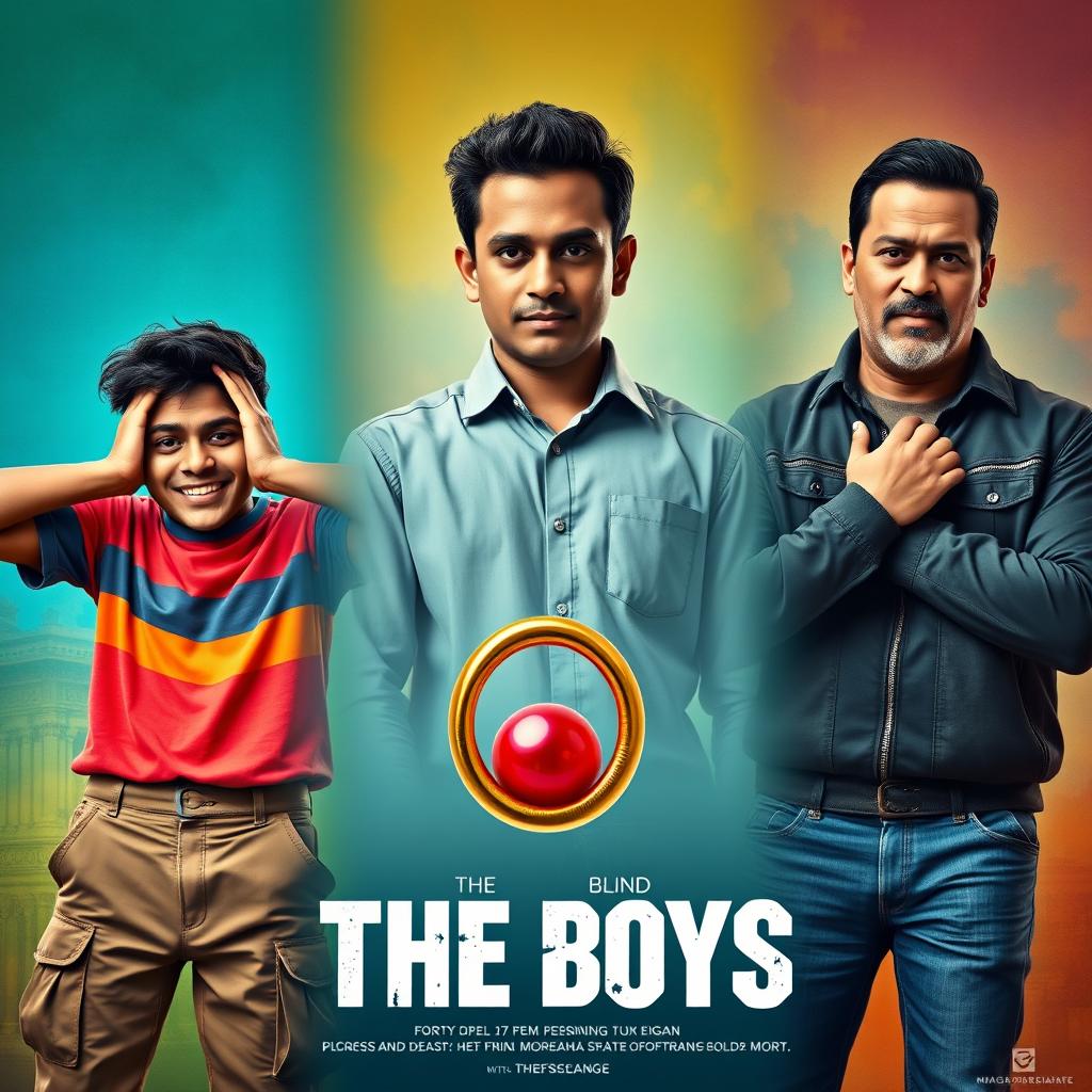 A comedic cinematic film poster titled 'The Boys', featuring close-up shots of three distinct 27-year-old Indian men, each showcasing their unique personalities