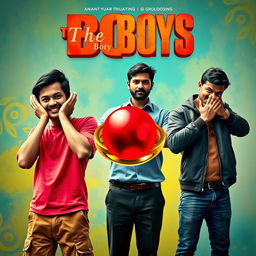 A comedic cinematic film poster titled 'The Boys', featuring close-up shots of three distinct 27-year-old Indian men, each showcasing their unique personalities