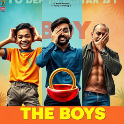 A comedic cinematic film poster titled 'The Boys', featuring close-up shots of three distinct 27-year-old Indian men, each showcasing their unique personalities