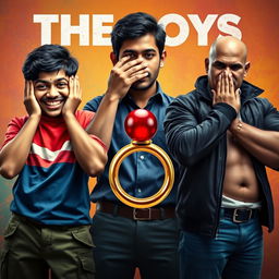 A comedic cinematic film poster titled 'The Boys', featuring close-up shots of three distinct 27-year-old Indian men, each showcasing their unique personalities