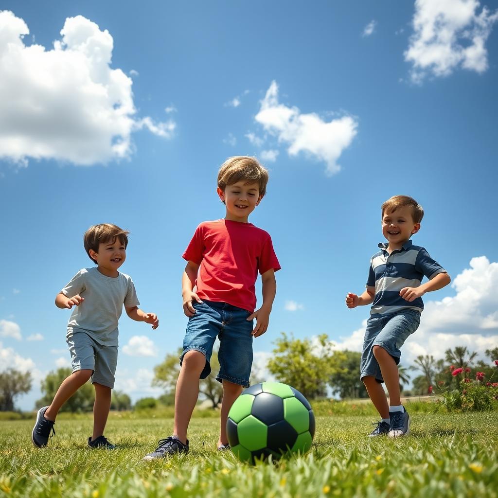 A dynamic scene featuring a group of boys engaged in a friendly activity, surrounded by nature