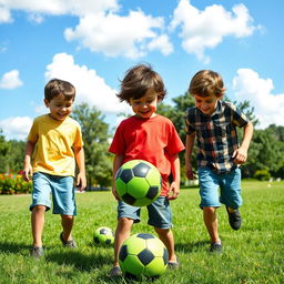 A dynamic scene featuring a group of boys engaged in a friendly activity, surrounded by nature