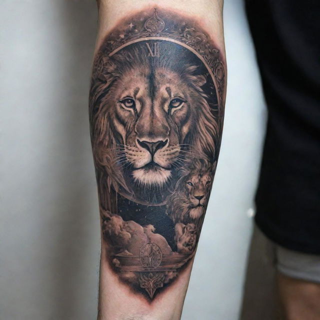 A detailed full-arm tattoo design featuring a hybrid of a man and a lion, an intricate timepiece, a stunning horizon, and stars twinkling in the sky