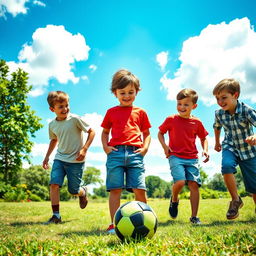 A dynamic scene featuring a group of boys engaged in a friendly activity, surrounded by nature