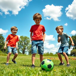 A dynamic scene featuring a group of boys engaged in a friendly activity, surrounded by nature