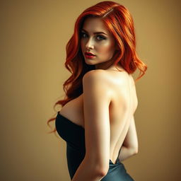 A beautiful and attractive trans woman with vibrant red hair, strikingly large breasts, and captivating features