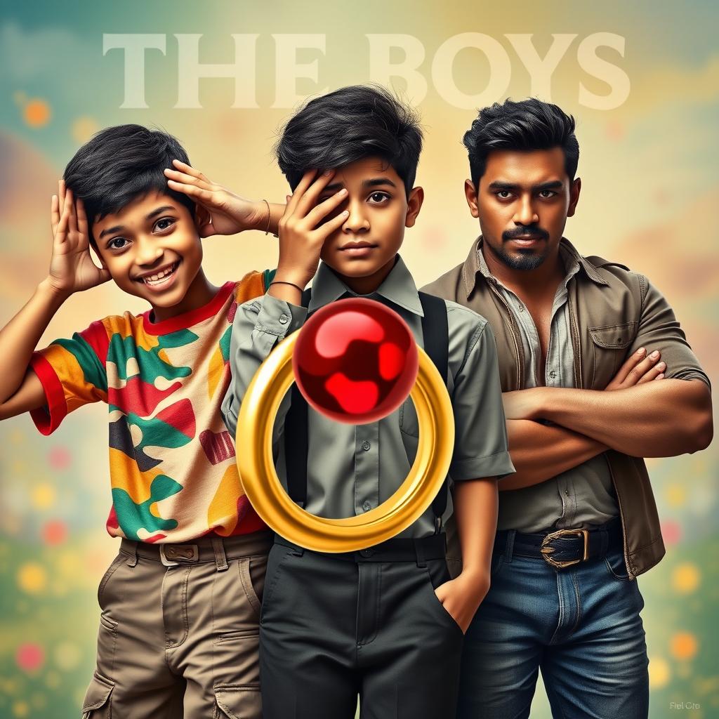 A whimsical cinematic film poster titled 'The Boys', featuring vivid close-up portraits of three unique 27-year-old Indian boys