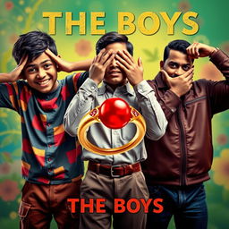 A whimsical cinematic film poster titled 'The Boys', featuring vivid close-up portraits of three unique 27-year-old Indian boys