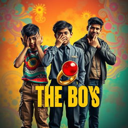 A whimsical cinematic film poster titled 'The Boys', featuring vivid close-up portraits of three unique 27-year-old Indian boys