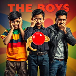 A whimsical cinematic film poster titled 'The Boys', featuring vivid close-up portraits of three unique 27-year-old Indian boys