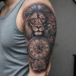 A detailed full-arm tattoo design featuring a hybrid of a man and a lion, an intricate timepiece, a stunning horizon, and stars twinkling in the sky