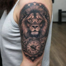 A detailed full-arm tattoo design featuring a hybrid of a man and a lion, an intricate timepiece, a stunning horizon, and stars twinkling in the sky