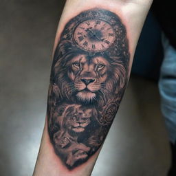 A detailed full-arm tattoo design featuring a hybrid of a man and a lion, an intricate timepiece, a stunning horizon, and stars twinkling in the sky