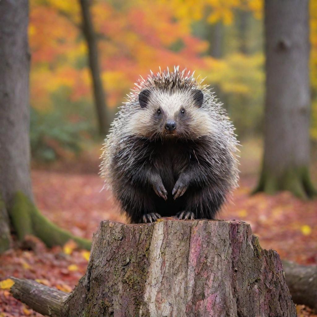 A majestic porcupine sitting on a tree stump under the vibrant colors of a autumn forest.