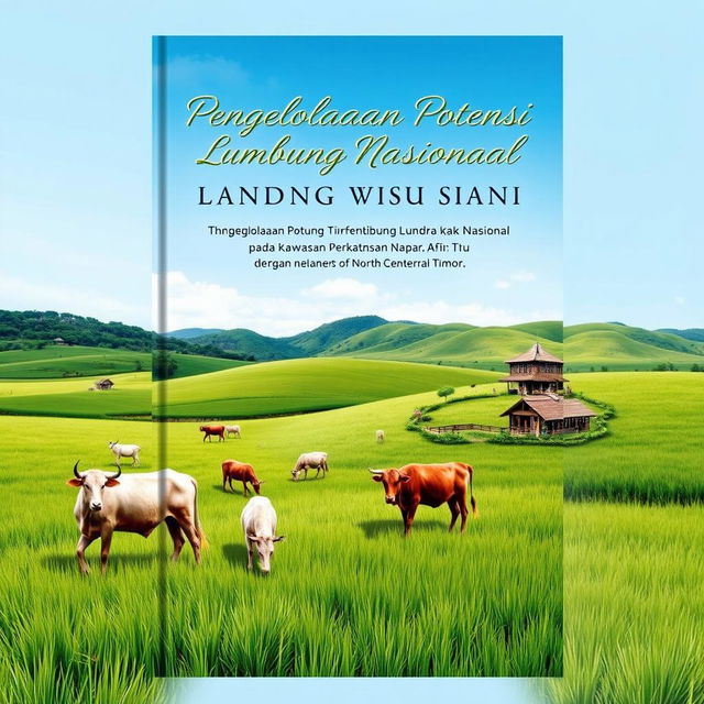 Create a book cover titled 'PENGELOLAAN POTENSI LUMBUNG TERNAK NASIONAL PADA KAWASAN PERBATANSAN NAPAN TTU DENGAN PENDEKATAN SOSIOGEOGRAFIS'