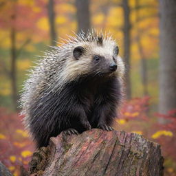 A majestic porcupine sitting on a tree stump under the vibrant colors of a autumn forest.