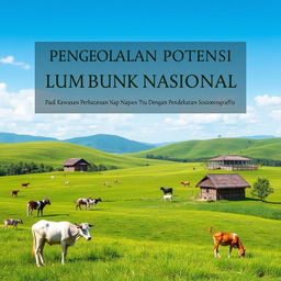 Create a book cover titled 'PENGELOLAAN POTENSI LUMBUNG TERNAK NASIONAL PADA KAWASAN PERBATANSAN NAPAN TTU DENGAN PENDEKATAN SOSIOGEOGRAFIS'