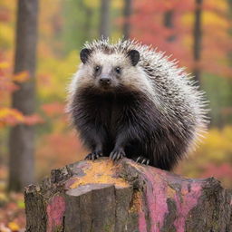 A majestic porcupine sitting on a tree stump under the vibrant colors of a autumn forest.