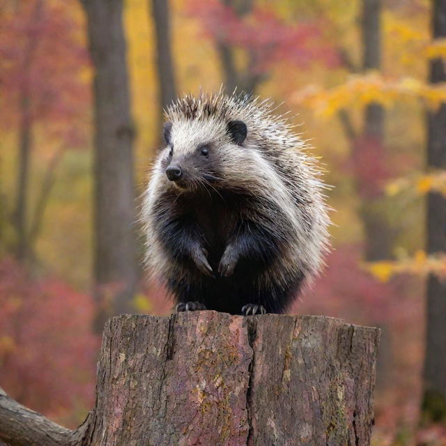 A majestic porcupine sitting on a tree stump under the vibrant colors of a autumn forest.