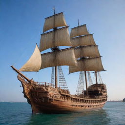 A colossal wooden ship, intricately decorated without sails, majestically dominating a vast body of gleaming water