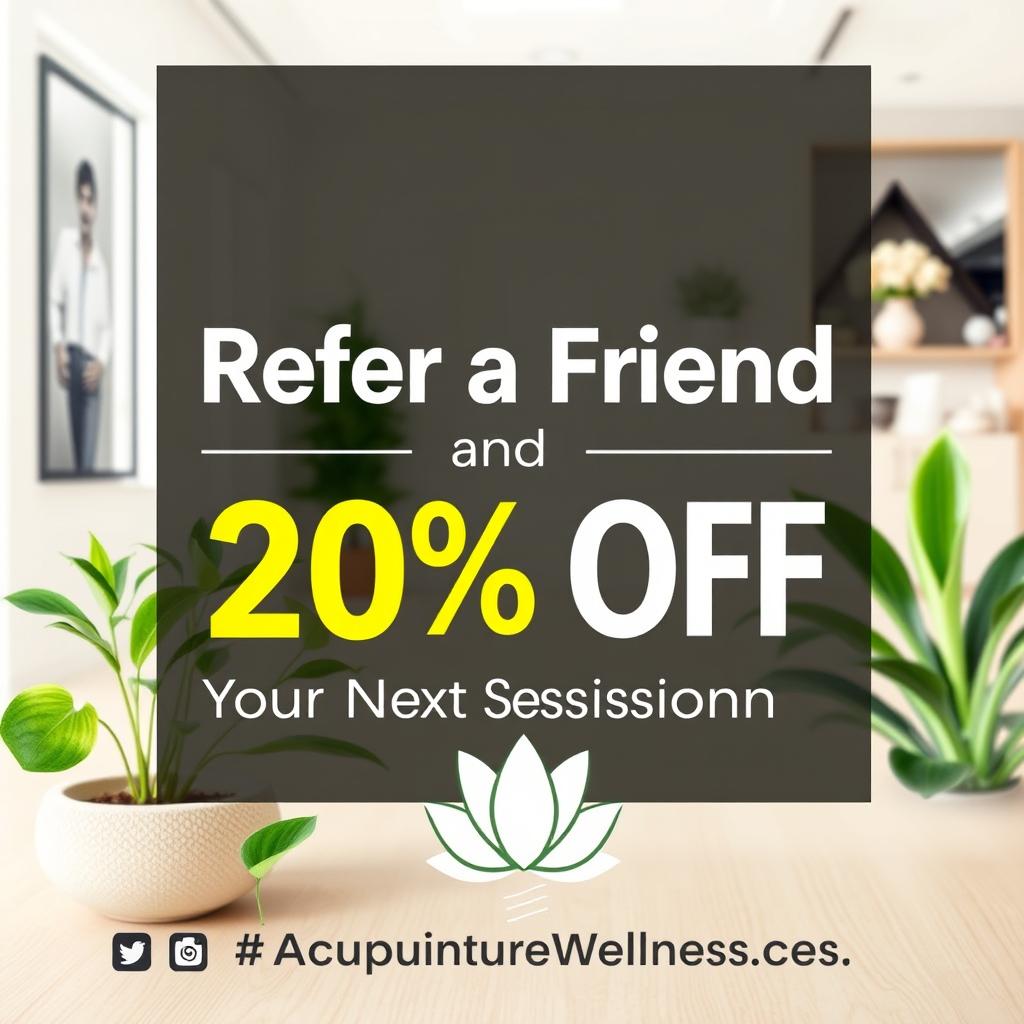 A vibrant and eye-catching social media post promoting an acupuncture referral program