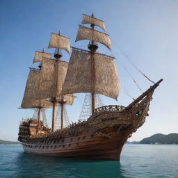 A colossal wooden ship, intricately decorated without sails, majestically dominating a vast body of gleaming water