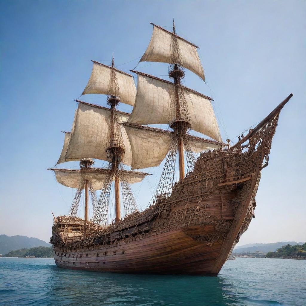 A colossal wooden ship, intricately decorated without sails, majestically dominating a vast body of gleaming water