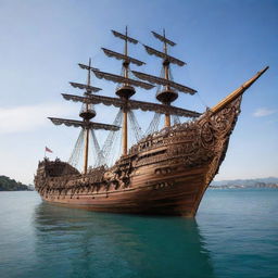 A colossal wooden ship, intricately decorated without sails, majestically dominating a vast body of gleaming water