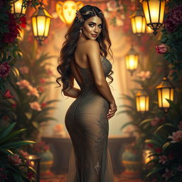 A seductive fantasy courtesan standing confidently in an enchanting, opulent setting