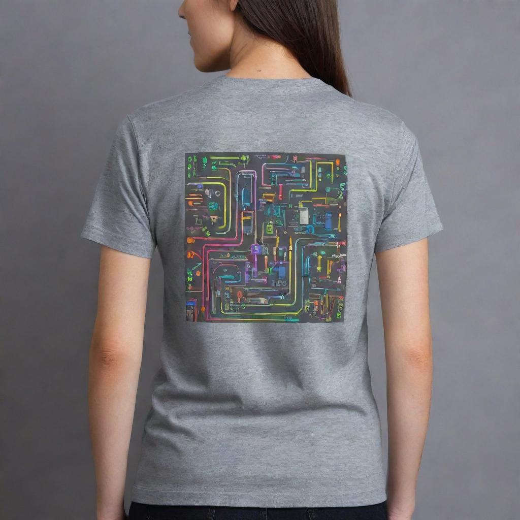 Generate a neon, artsy back design on a gray t-shirt for electronics engineering. The design should incorporate cute stickers of electronic components such as capacitors, resistors, transistors, and integrated circuits, all glowing in vibrant neon colors.