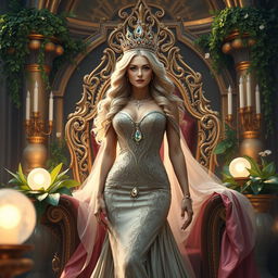 A captivating fantasy queen radiating power and allure in a grand, magical setting