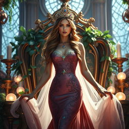 A captivating fantasy queen radiating power and allure in a grand, magical setting