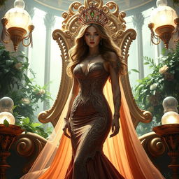 A captivating fantasy queen radiating power and allure in a grand, magical setting