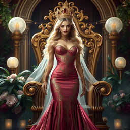 A captivating fantasy queen radiating power and allure in a grand, magical setting