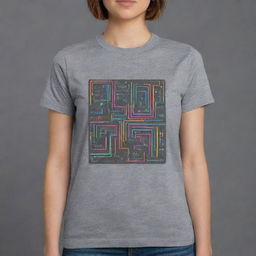 Generate a neon, artsy back design on a gray t-shirt for electronics engineering. The design should incorporate cute stickers of electronic components such as capacitors, resistors, transistors, and integrated circuits, all glowing in vibrant neon colors.