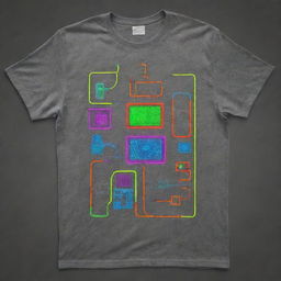 Generate a neon, artsy back design on a gray t-shirt for electronics engineering. The design should incorporate cute stickers of electronic components such as capacitors, resistors, transistors, and integrated circuits, all glowing in vibrant neon colors.