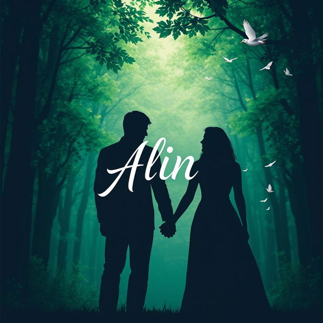 A beautiful novel cover for 'Alin' featuring a serene and lush green forest background that gives a sense of mystery and beauty