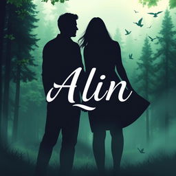 A beautiful novel cover for 'Alin' featuring a serene and lush green forest background that gives a sense of mystery and beauty