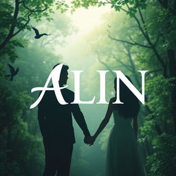 A beautiful novel cover for 'Alin' featuring a serene and lush green forest background that gives a sense of mystery and beauty