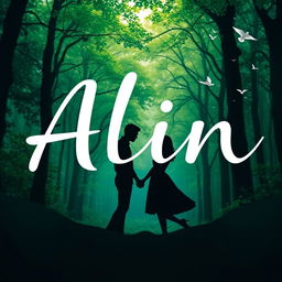 A beautiful novel cover for 'Alin' featuring a serene and lush green forest background that gives a sense of mystery and beauty